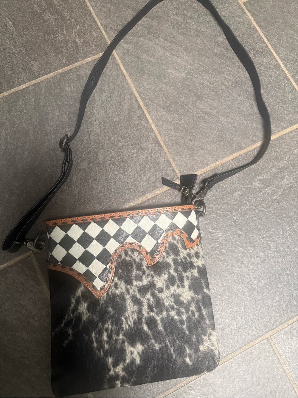 Black & White Cowhide Crossbody Bag with Checker Accent conceal carry